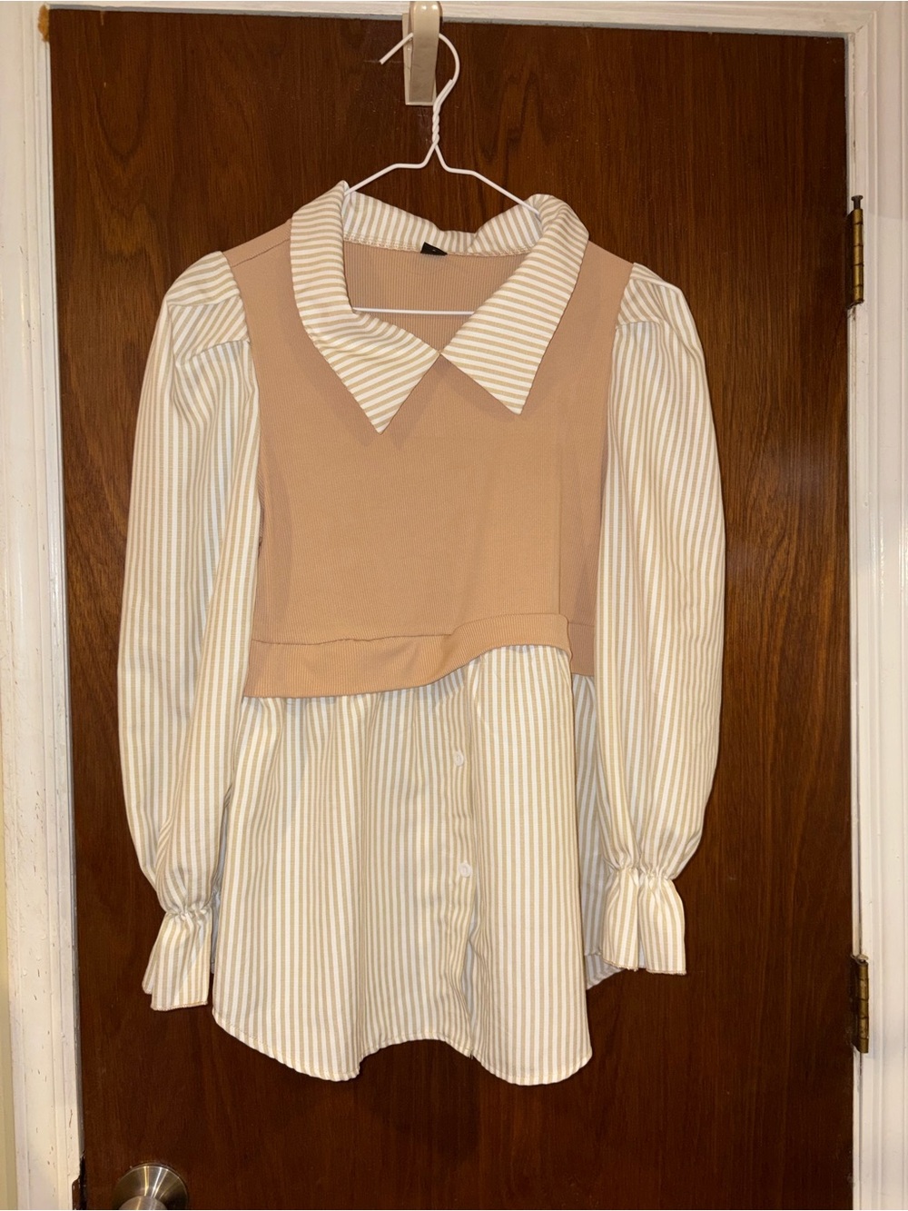 Striped Button-Front Blouse with Blush Layered Vest